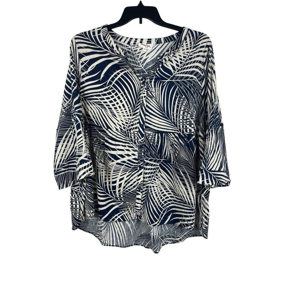 Panama Jack Womens 2X Blue White Palm Leaf Linen Blend Button Up Roll Tab Top